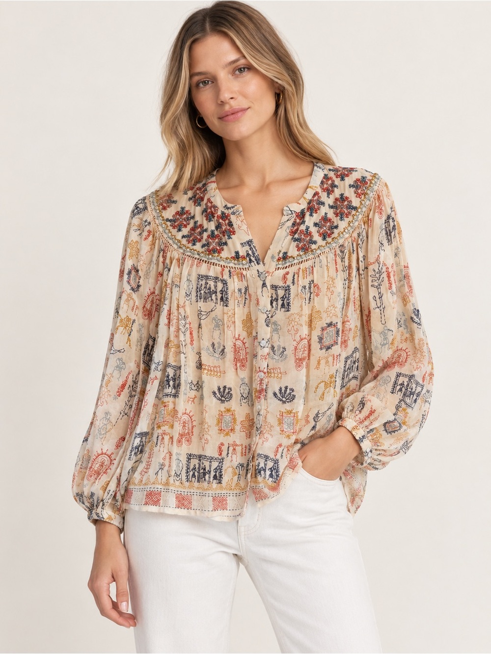 Velvet by Graham & Spencer Blouse Womens M Cream Excellent Embroidered Boho Top